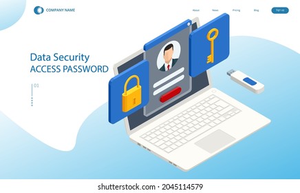 Isometric personal data protection web banner concept. Cyber security and privacy. Traffic Encryption, VPN, Privacy Protection Antivirus.