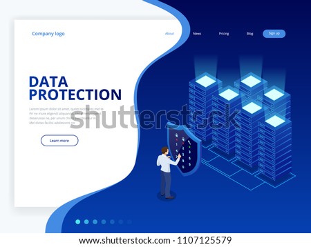 Isometric personal data protection web banner concept. Cyber security and privacy. Traffic Encryption, VPN, Privacy Protection Antivirus. Vector illustration.