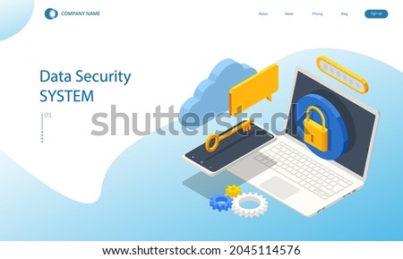 Isometric personal data protection web banner concept. Cyber security and privacy. Traffic Encryption, VPN, Privacy Protection Antivirus.