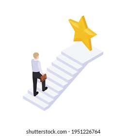 Isometric personal growth concept with human character going up stairs to goal 3d vector illustration