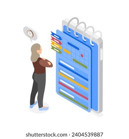 Gestión de tiempo personal isométrica. Mes de planificación de la mujer de negocios en calendario digital. Calendario mensual personal, concepto vectorial impecable
