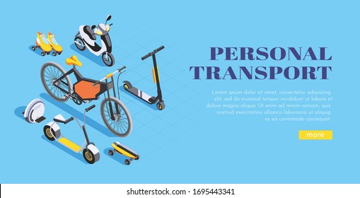 Isometric personal transport bike scooter monocycle skateboard roller skates on blue background 3d vector illustration