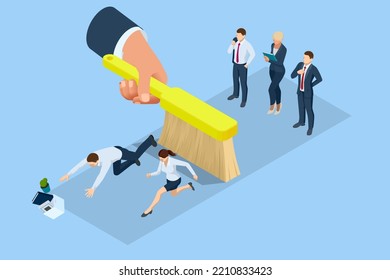 Isometric Personnel Downsizing or Organisational Restructuring. Impact on workforce redundancy. Workplace Pressure, Employee Reduction, Conflict, Exclusion, Downsizing, Incompetence, Exit