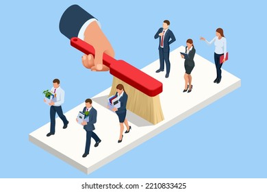 Isometric Personnel Downsizing or Organisational Restructuring. Impact on workforce redundancy. Workplace Pressure, Employee Reduction, Conflict, Exclusion, Downsizing, Incompetence, Exit