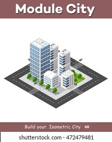 Isometric perspective 3D city with streets, houses, skyscrapers, parks and trees