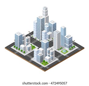 Perspectiva isométrica ciudad 3D con calles, casas, rascacielos, parques y árboles