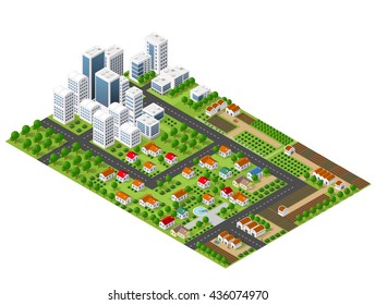 Isometric perspective city with streets, houses, skyscrapers, parks and trees