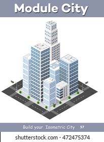 Isometric perspective city with streets, houses, skyscrapers, parks and trees