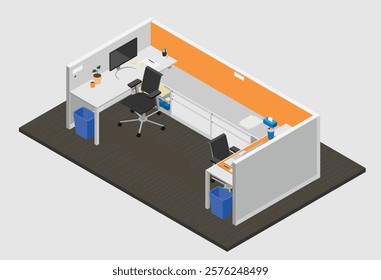 Cubículo de perspectiva isométrica para dois funcionários com base em um ambiente de escritório corporativo real - fácil de reorganizar e editar