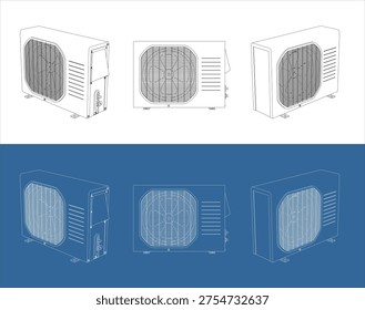 Isometric Perspective Outdoor Air Conditioner Condenser Unit Technical Drawing Blueprint