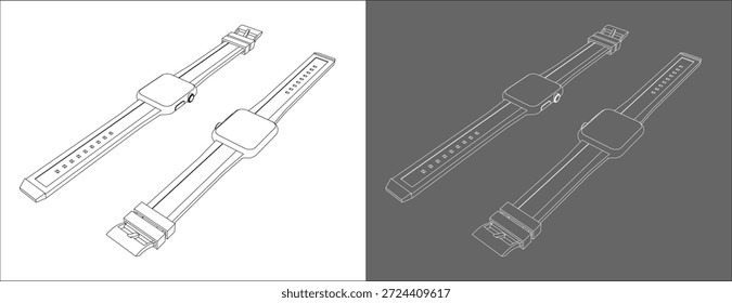 Isometrische Perspektive Smartwatch Technische Zeichnung Blueprint Illustration in 3D-Ansicht