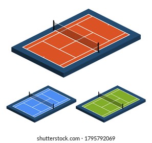 Isometric perspective Vector Illustration set Of Tennis Court with different surface From The Side Top View.
