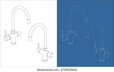 Isometric Perspective View Kitchen Faucet Technical Drawing Blueprint Illustration