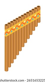Isométrica peruana flauta de vento instrumento musical nacional feito de uma série de tubos de madeira de diferentes tons vista aérea superior. Vetor 3D realista conceito isolado no fundo branco