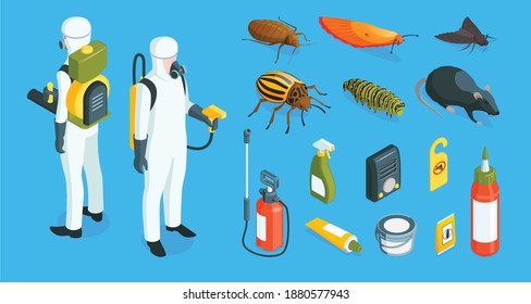 Isometric pest control color set with icons of chemicals detergents people in protective suits and insects vector illustration