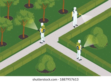 Isometric pest control composition with outdoor garden scenery and desinsection team of workers in chemical suits vector illustration