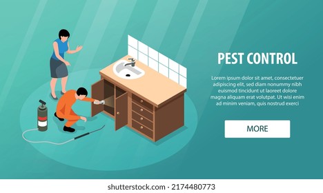 Isometric pest control service horizontal web banner with specialist in uniform using insecticide at home 3d vector illustration