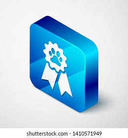 Isometric Pet award symbol icon isolated on white background. Badge with dog or cat paw print and ribbons. Medal for animal. Blue square button. Vector Illustration