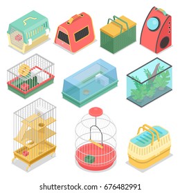 Portadoras de mascotas isométricas con Acuario y Casa Portátil para Gatos, Hamster y Aves. Ilustración 3d plana del vector