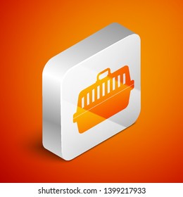 Isometric Pet carry case icon isolated on orange background. Carrier for animals, dog and cat. Container for animals. Animal transport box. Silver square button. Vector Illustration