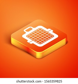 Isometric Pet carry case icon isolated on orange background. Carrier for animals, dog and cat. Container for animals. Animal transport box.  Vector Illustration