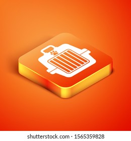 Isometric Pet carry case icon isolated on orange background. Carrier for animals, dog and cat. Container for animals. Animal transport box.  Vector Illustration