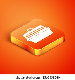 Isometric Pet carry case icon isolated on orange background. Carrier for animals, dog and cat. Container for animals. Animal transport box.  Vector Illustration