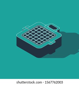 Isometric Pet carry case icon isolated on green background. Carrier for animals, dog and cat. Container for animals. Animal transport box.  Vector Illustration