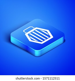 Isometric Pet carry case icon isolated on blue background. Carrier for animals, dog and cat. Container for animals. Animal transport box. Blue square button. Vector Illustration