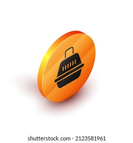 Isometric Pet carry case icon isolated on white background. Carrier for animals, dog and cat. Container for animals. Animal transport box. Orange circle button. Vector