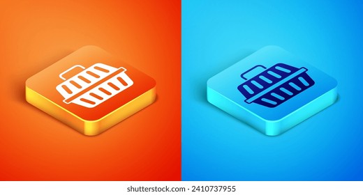 Isometric Pet carry case icon isolated on orange and blue background. Carrier for animals, dog and cat. Container for animals. Animal transport box.  Vector