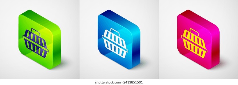 Isometric Pet carry case icon isolated on grey background. Carrier for animals, dog and cat. Container for animals. Animal transport box. Square button. Vector