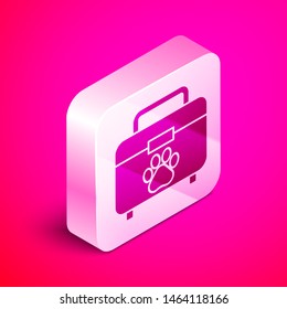 Isometric Pet first aid kit icon isolated on pink background. Dog or cat paw print. Clinic box. Silver square button. Vector Illustration