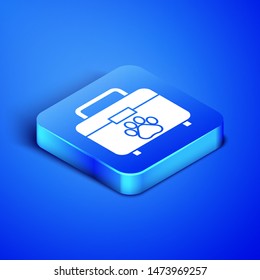 Isometric Pet first aid kit icon isolated on blue background. Dog or cat paw print. Clinic box. Blue square button. Vector Illustration