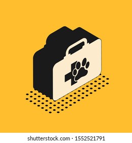 Isometric Pet first aid kit icon isolated on yellow background. Dog or cat paw print. Clinic box.  Vector Illustration