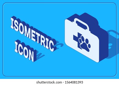 Isometric Pet first aid kit icon isolated on blue background. Dog or cat paw print. Clinic box.  Vector Illustration