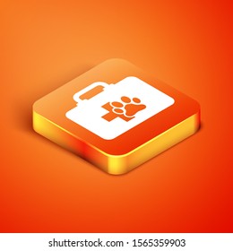 Isometric Pet first aid kit icon isolated on orange background. Dog or cat paw print. Clinic box.  Vector Illustration
