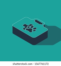 Isometric Pet first aid kit icon isolated on green background. Dog or cat paw print. Clinic box.  Vector Illustration