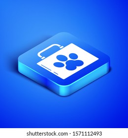Isometric Pet first aid kit icon isolated on blue background. Dog or cat paw print. Clinic box. Blue square button. Vector Illustration