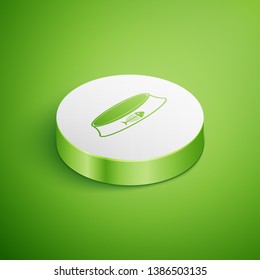 Isometric Pet food bowl for cat or dog icon isolated on green background. Fish skeleton sign. White circle button. Vector Illustration