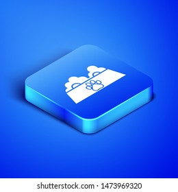 Isometric Pet food bowl for cat or dog icon isolated on blue background. Dog or cat paw print. Blue square button. Vector Illustration