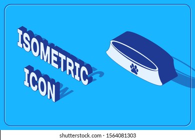 Isometric Pet food bowl for cat or dog icon isolated on blue background. Dog or cat paw print.  Vector Illustration