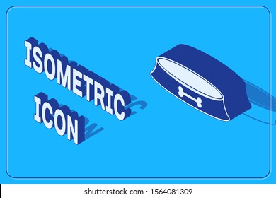 Isometric Pet food bowl for cat or dog icon isolated on blue background. Dog bone sign.  Vector Illustration