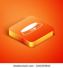 Isometric Pet food bowl for cat or dog icon isolated on orange background. Fish skeleton sign.  Vector Illustration