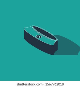 Isometric Pet food bowl for cat or dog icon isolated on green background. Dog or cat paw print.  Vector Illustration