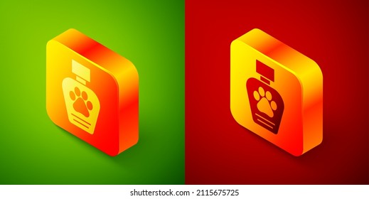 Isometric Pet shampoo icon isolated on green and red background. Pets care sign. Dog cleaning symbol. Square button. Vector