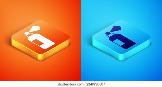 Isometric Pet shampoo icon isolated on orange and blue background. Pets care sign. Dog cleaning symbol.  Vector