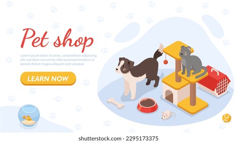Isometric pet shop banner. Dog and cat standing on scratching post near cage and toys. Advertising and marketing, landing page design. Donestic animals sitting indoor. Cartoon vector illustration