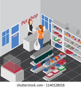 Isometric Pet shop interior. Cats and dogs grooming, playing and feeding Equipment. Veterinary store, animal consultant service vector illustration