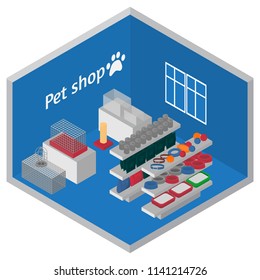 Isometric Pet shop interior. Cats and dogs grooming, playing and feeding Equipment. Veterinary store isometry vector illustration